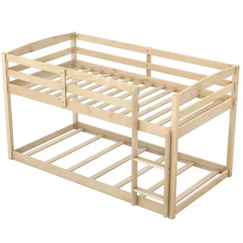 Costway Twin over Twin Low Bunk Bed with Guardrails Integrated Ladder Kids Wooden Grey/White/Beige/Pink