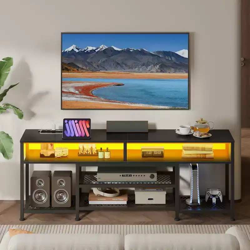 Qwatto 63 Inch Black TV Stand with Charging Station LED Lights Entertainment Center for TVs up to 70 Inch Media Console Storage Shelves Living Room