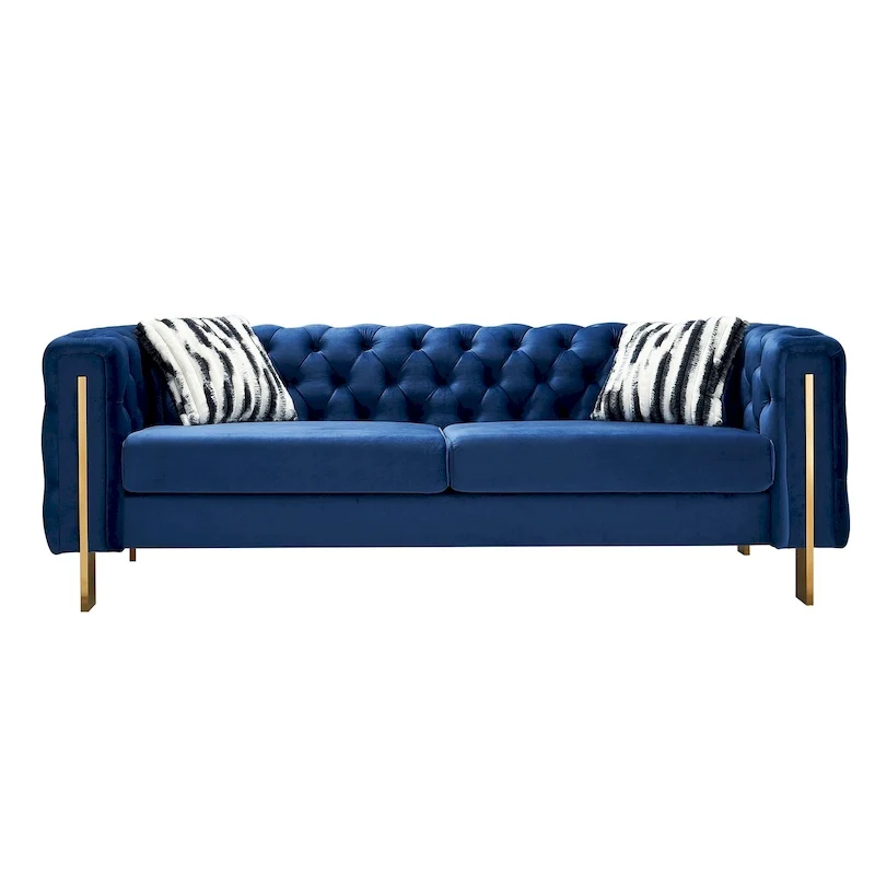 84.25 Button Tufted Upholstered 3-Seater Sofa with Gold Decoration