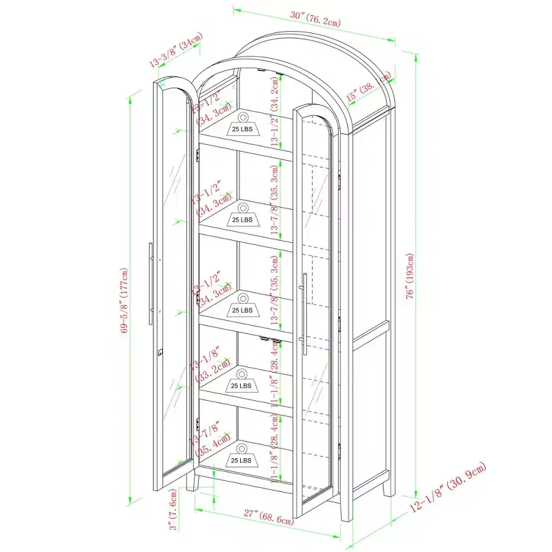 76" 5 Shelf Arched Bookcase Cabinet