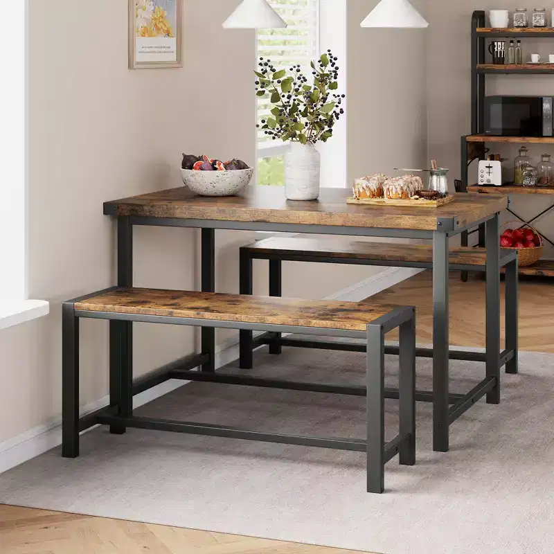 Garvee Dining Table Set for 4, Kitchen Table with 2 Benches, 3 Piece Dining Table Set for Small Space, Apartment, Studio, Rustic Brown