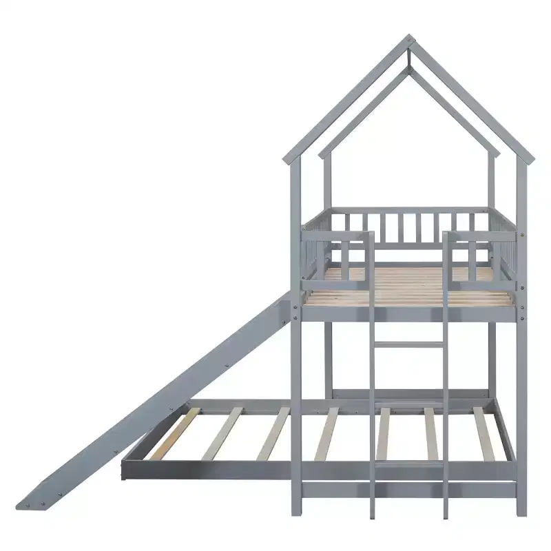 Whisen House Roof Design Twin over Full House Bunk Bed with Slide and Built-in Ladder