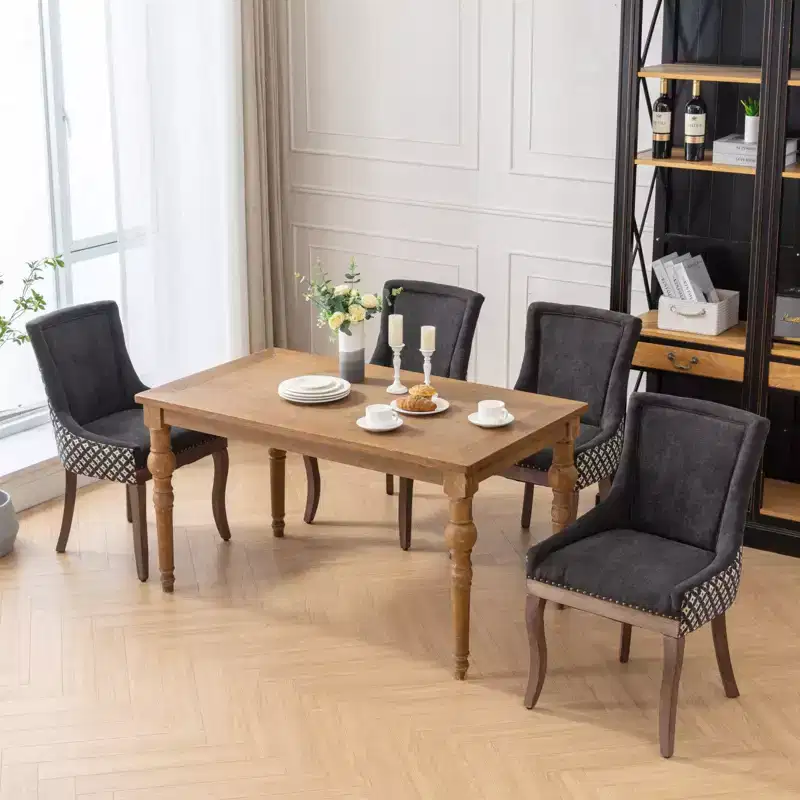 Okak Retro Dining Chairs Set of 2, Comfy Fabric Chairs with Thick Cushions, Kitchen Side Chairs with Solid Wood Legs Bronze Nail Head