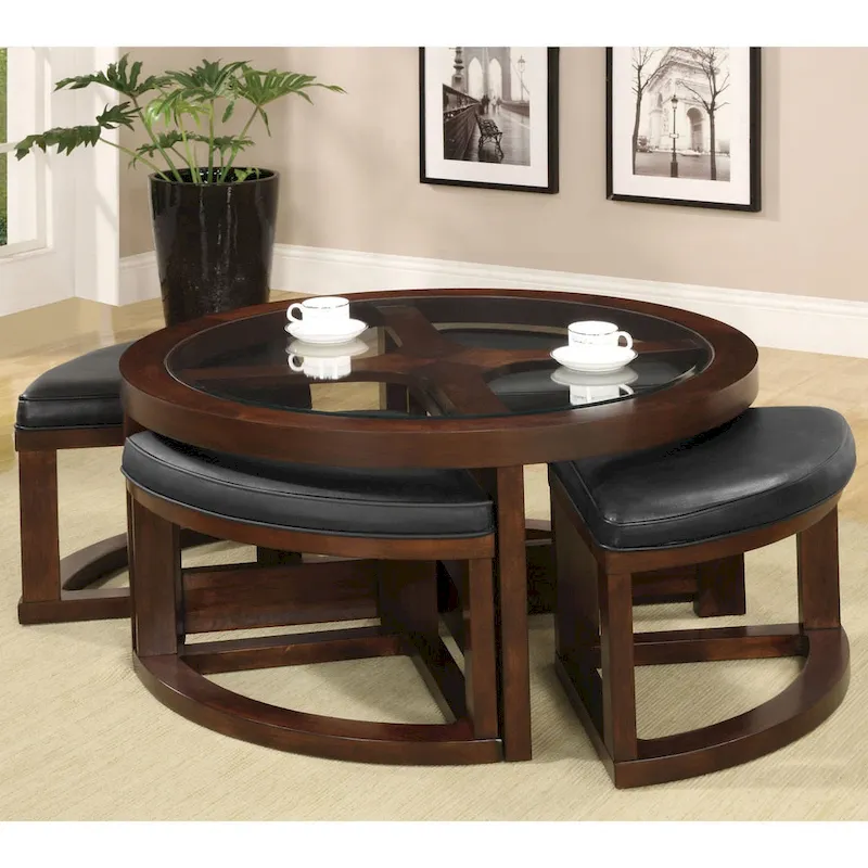 Kame Transitional Walnut 40-inch Glass Top 5-Piece Coffee Table with Ottomans by Furniture of America
