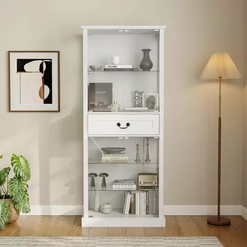 Hitow Freestanding Glass Display Bookcase 7-Color RGB Lighting + Clear Glass Doors/Shelves Tall Storage Bookshelf Cabinet with Drawer