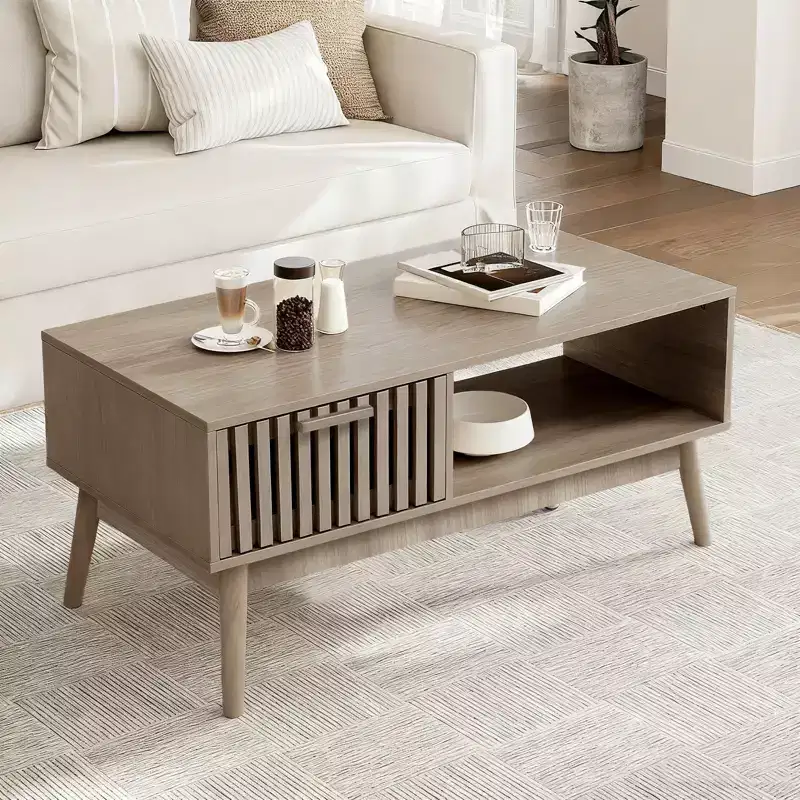 Coffee Table with Storage Drawer - 39.4 Fluted Rectangular Wood Center Table for Living Room - 2-Tier Boho Coffee Table with Open Shelf & Wood Legs