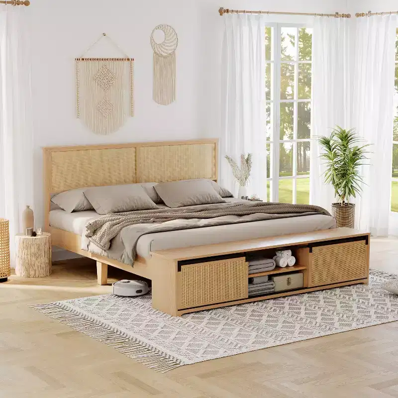 Full/King Size Natural Rattan Bed Frame with Sliding Barn Door Storage Cabinets, Boho Farmhouse Platform Bed, Noise-Free Slats, No Box Spring Needed