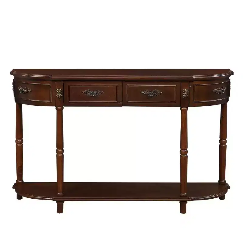 52'' Retro Curved Wood Console Table with Open Shelf and 2 Drawers for Living Room and Hallway, Cherry