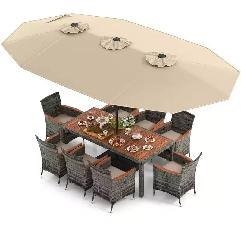 Costway 10 Pieces Patio Wicker Dining Set with Double-Sided Patio Umbrella 8 Armchairs Grey/Red/Orange/Turquoise/Beige/Coffee