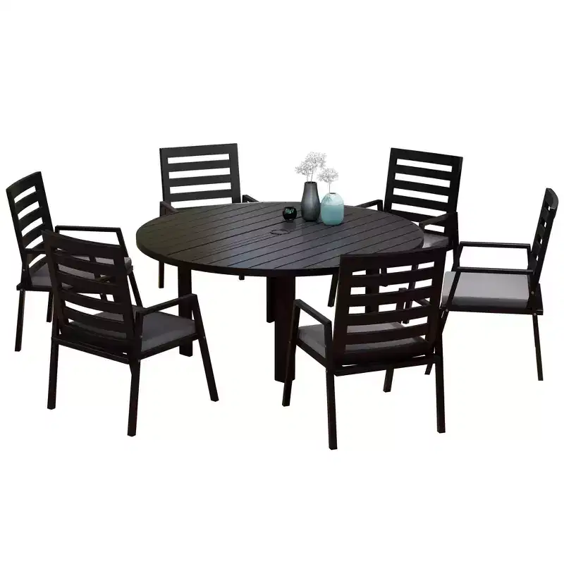 LeisureMod Chelsea 7-Piece Patio Dining Set, 60 Round Aluminum Dining Table and 6 Dining Armchair