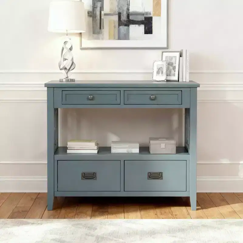Hostack 36'' Farmhouse Wood Console Table with 4 Drawers and 1 Storage Shelf for Entryway and Living Room , Blue