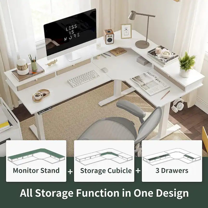 L-Shaped Electric Standing Desk with 3 Drawers & Lockable Casters, 63