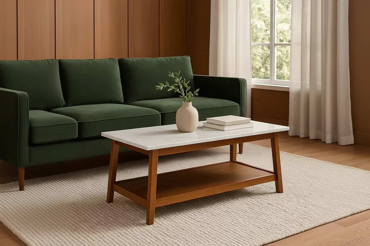 Coffee Table with Faux Marble Top and Storage Shelf, Walnut