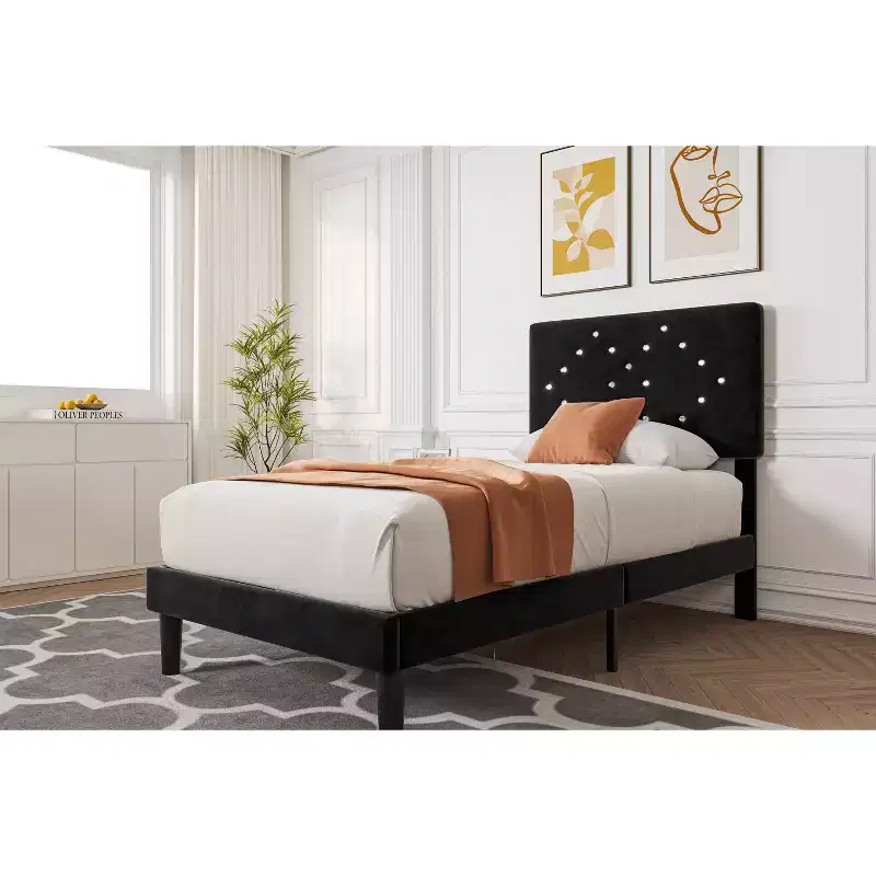 Linen Upholstered Platform Bed Frame with Button Tufted Headboard - No Box Spring Required