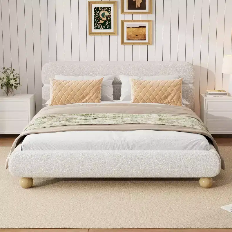 Contemporary Low Profile Upholstered Bed with Teddy Fleece Fabric, White