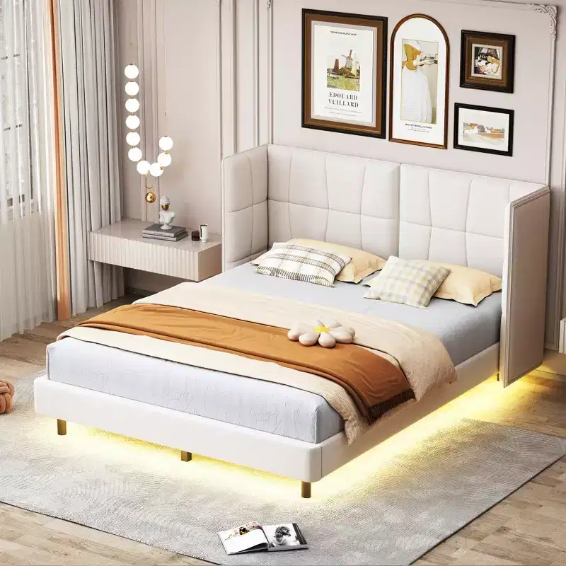 LED Queen Upholstered Platform Bed with U Shaped Headboard, Linen Bed Frame with LED Lights