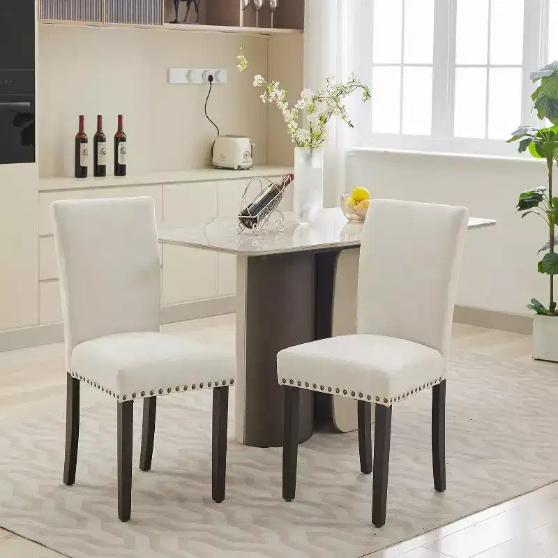 Fabric Upholstered Dining Chairs Set of 2, Modern Parsons Kitchen Chairs with Nailhead Trim and Wood Legs, Padded Accent Chairs