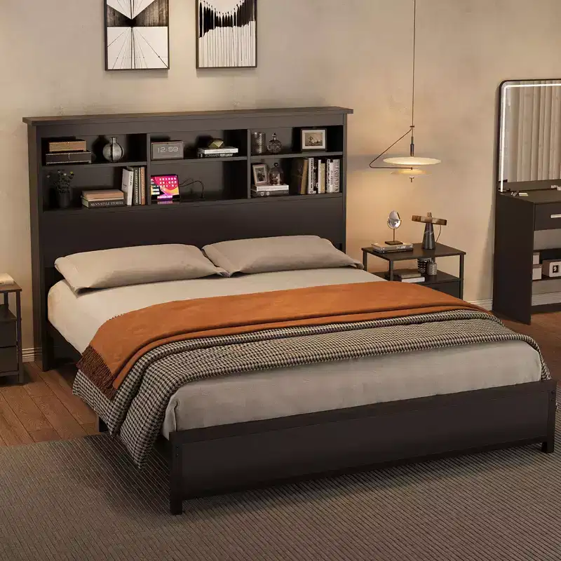 Bed Frame with Bookcase - 2-Tier High Headboard, Full Platform Bed with Charging Station, No Box Spring Needed, Easy Assemble, Black Mattress Frame