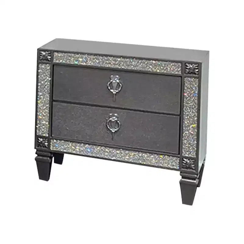 Royal Hampton Nightstand, 2 Drawers, Crystal Like Acrylic Trim, Gray Solid Wood