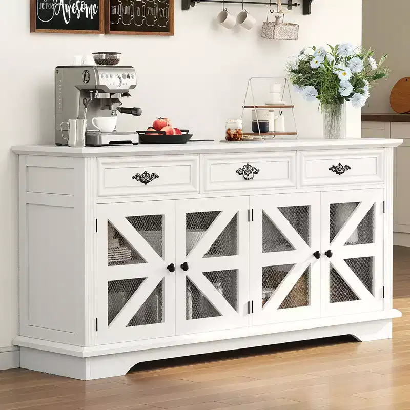 63 Kitchen Buffet Sideboard with Charging Station & Glass Display, Wood Storage Cabinet with 3 Drawers for Dining Room Living Room