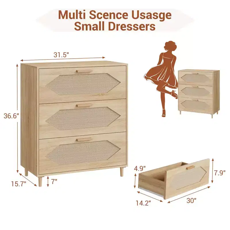 3 Drawer Rattan Dresser for Bedroom, Rattan Modern Dresser Wood Chest of Drawers, Wooden Storage Cabinets for Bedrooms, Hallways, Living Rooms