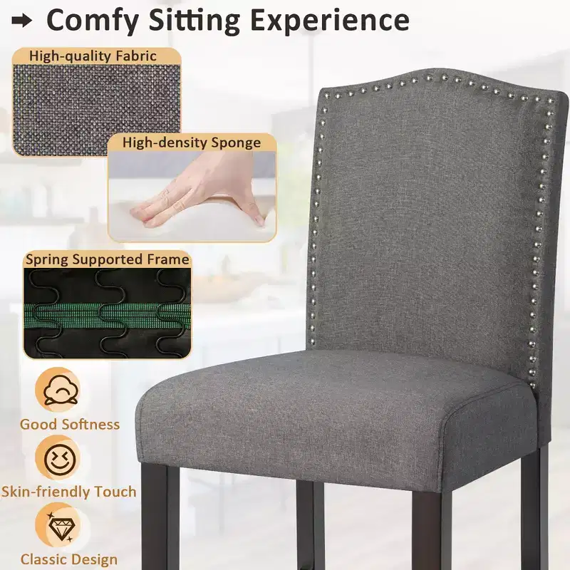 Costway Set of 2 Fabric Barstools Nail Head Trim Counter Height Dining Side Chairs Grey/Beige