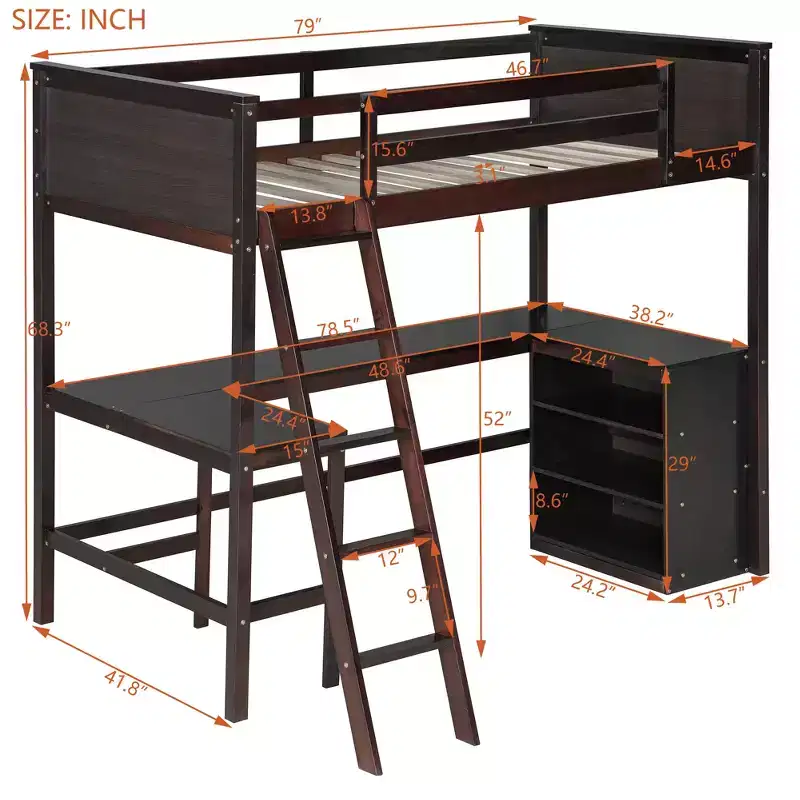 High Twin size Loft Bed with Desk, Wooden Loft Bed Frame with Storage Shelves