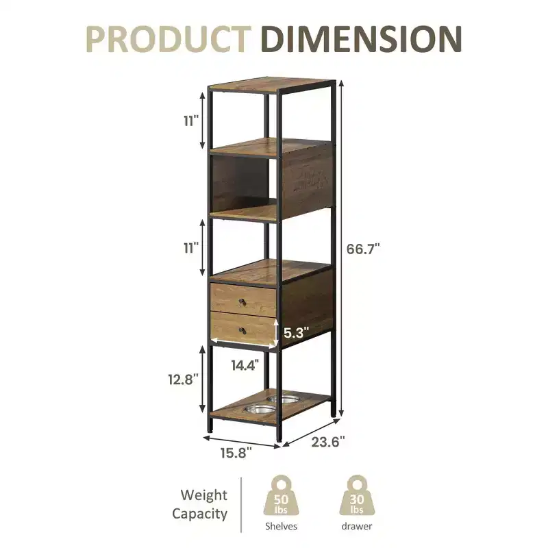 Industrial Bookshelf, Standing Display Shelf with 2 Dog Bowls, Metal and Wood Bookshelf, Dog Feeder Station with Shelves, Brown