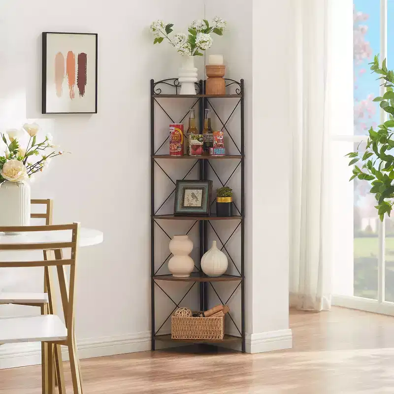 Corner Storage Cabinet with Wooden Shelves, Free-Standing Organizer for Small Spaces, Brown