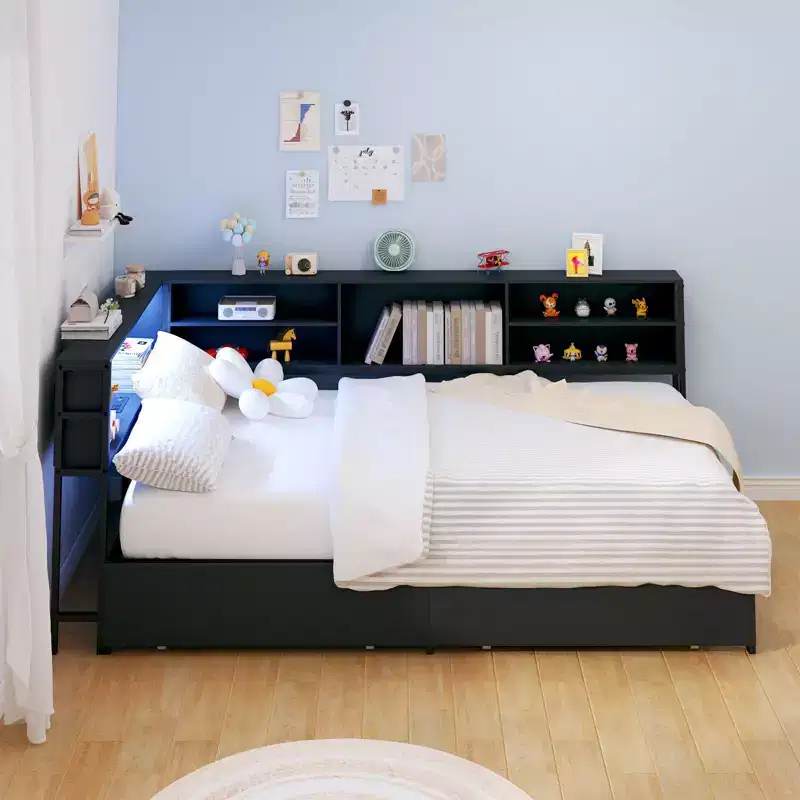 Okak Twin/Full Kids =Daybed Corner Bed Frame with Storage Bookcase & LED Light,Modern Bookcase Platform Bed,No Box Spring Needed