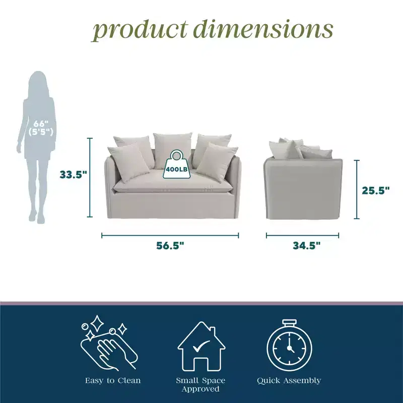 Novogratz Collette Slipcover Loveseat Sofa, Off White Canvas Weave