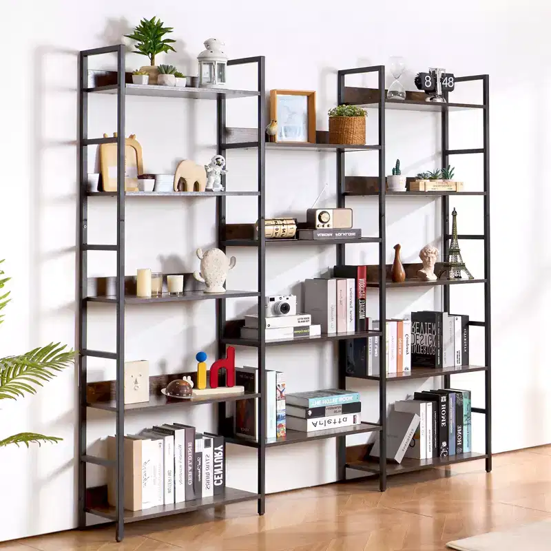Triple Metal Bookshelf, 14-Tier Industrial Bookshelf, Large Rustic Vintage Storage Bookcase , Freestanding Display Shelving Brown