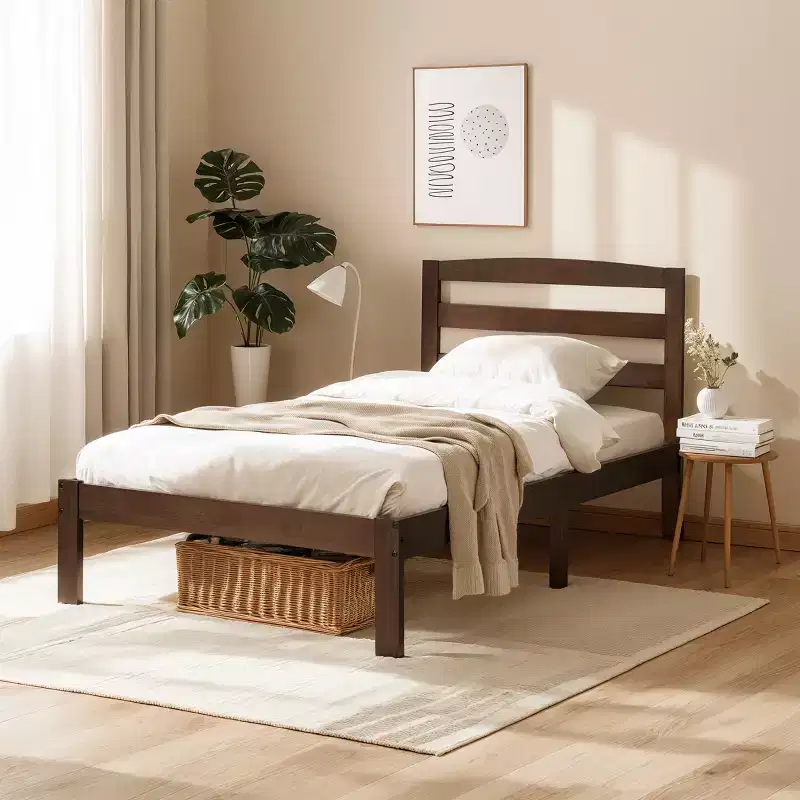 Subrtex Solid Wood Platform Bed with Headboard, Bed Frame with Wood Slat Support, Walnut