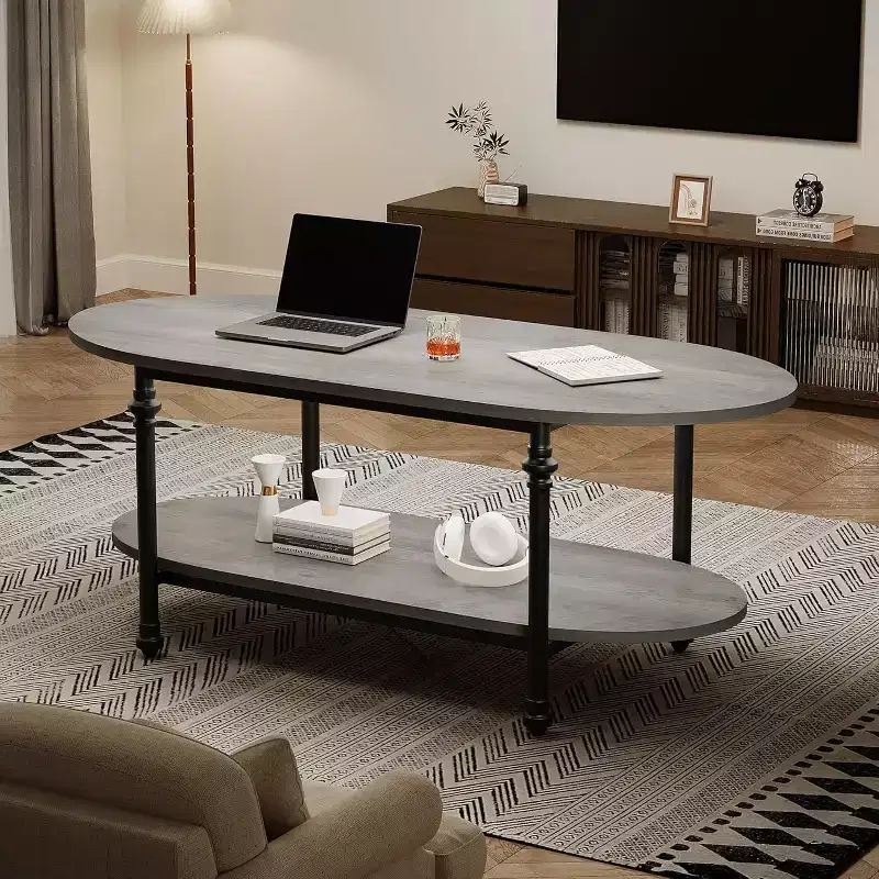 Coffee Table, 2 Tier Wood Oval Coffee Table with Roman Column Metal Legs and Open Shelf, Industrail Center Table Cocktail Tea Table