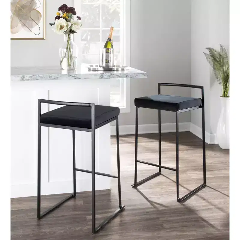 LumiSource Set of 3 Fuji Stacker Counter Height Barstools Black Metal/Black Velvet
