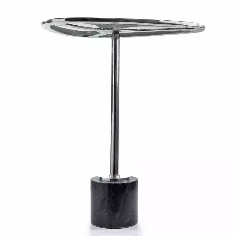 HomeRoots 22 Smoky Black and Silver Aluminum Glass and Marble Pedestal End Table