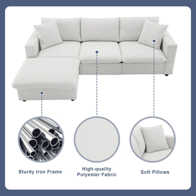 Modern 4-Seat L-Shaped Sectional Sofa, with 2 Free pillows, Convertible Ottoman