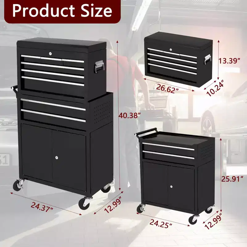 Heavy Duty 8 Drawer Tool Chest,Rolling Tool Box Cabinet,2-in-1 Detachable Metal Tool Storage Organizer,Lockable Steel Tool Cart with Portable Top Box