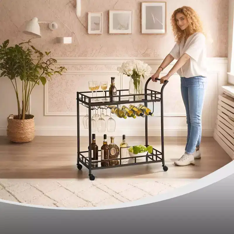 Bar Cart, Home Bar Serving Cart, Wine Cart With 2 Mirrored Shelves, Wine Holders, Glass Holders, For Kitchen, Dining Room