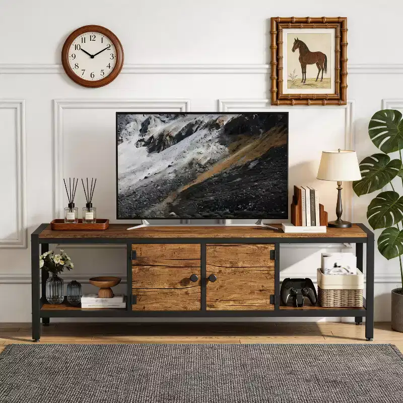 Rustic Brown TV Stand for Living Room  65 Inch Entertainment Center with 2 Cabinets, Open Shelves, Metal Legs  Fits TVs up to 75 Inch