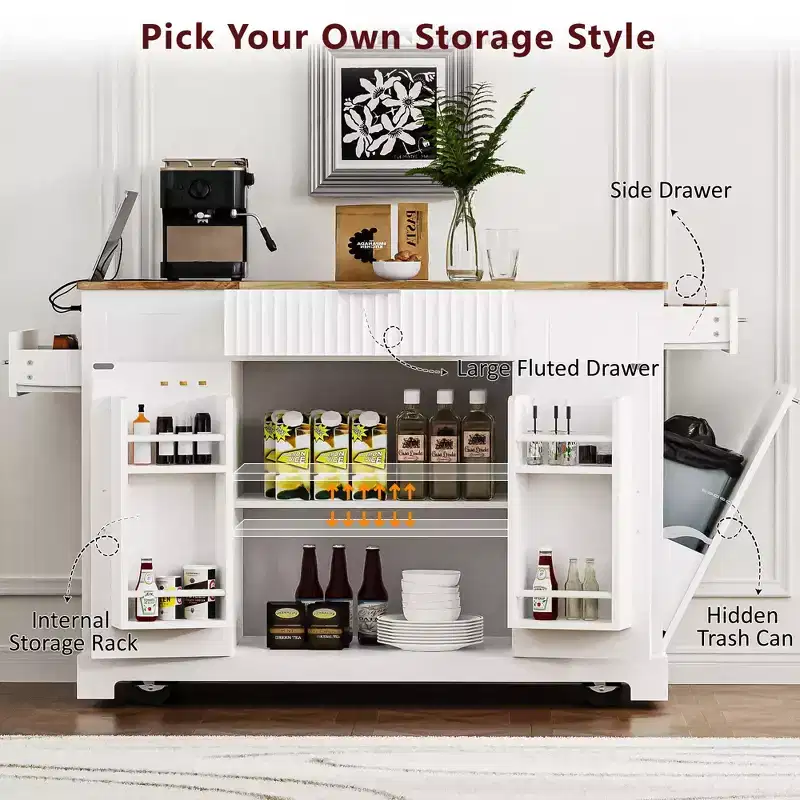 Whisen Classic Style Kitchen Islands on 5 Wheels with 3 Drawer and 3 Open Side Racks