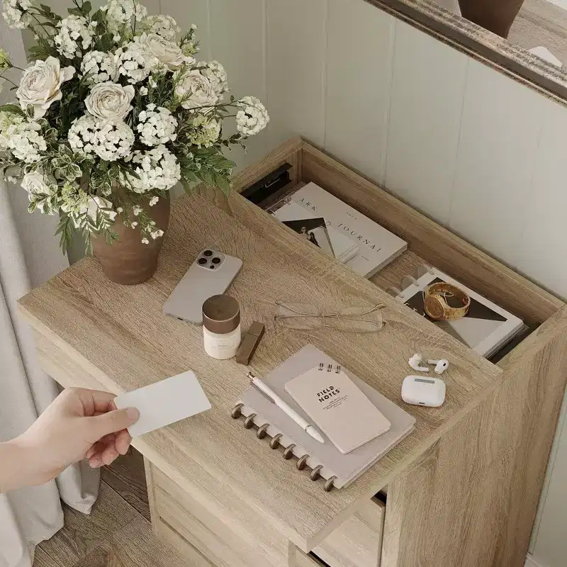 Smart Light Oak Nightstand with Hidden Drawer, Top Flip-Door with NFC Lock & Bottom Kick Drawer, Side Table for Bedroom & Living Room