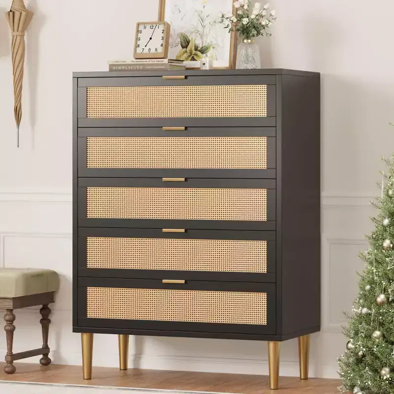 Rattan 5 Drawer Dresser, 44'' Tall Narrow Chest of Drawer, Farmhouse Wooden Vertical Dresser w/Metal Legs & Handles, for Bedroom, Living Room