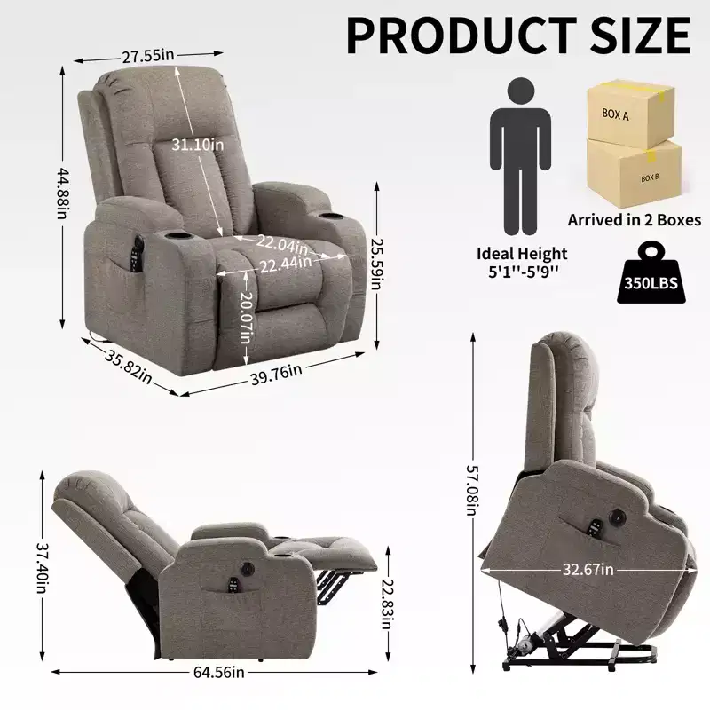 CLIHOME Up to 350 LBS Power Lift Recliner Chair, Heavy Duty Motion Mechanism with 8-Point Vibration Massage and Lumbar Heating
