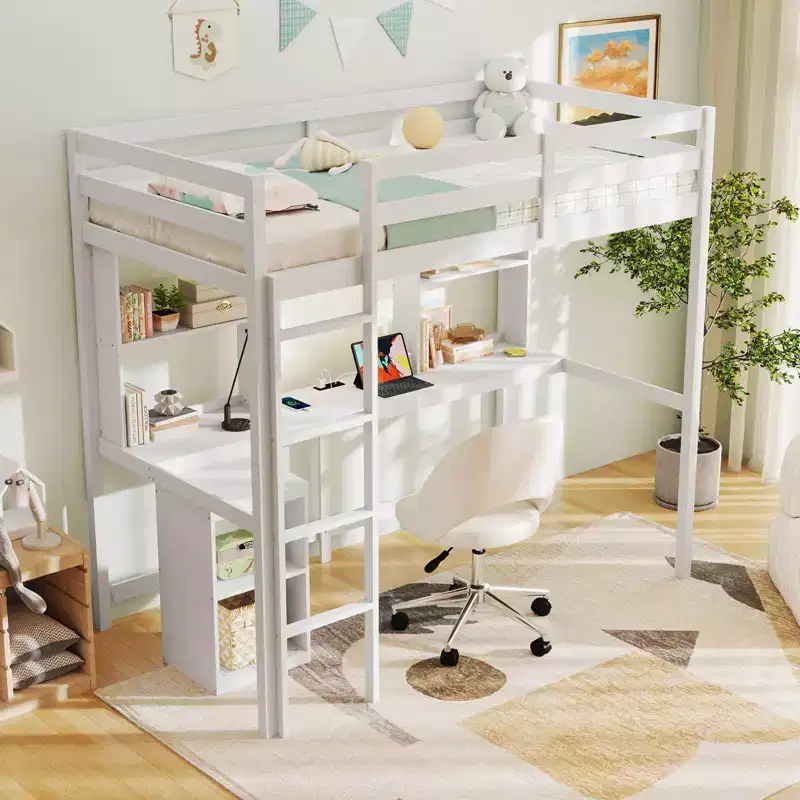 Twin Loft Bed with LED Light & Power Outlet Desk Storage Shelves & Cabinet