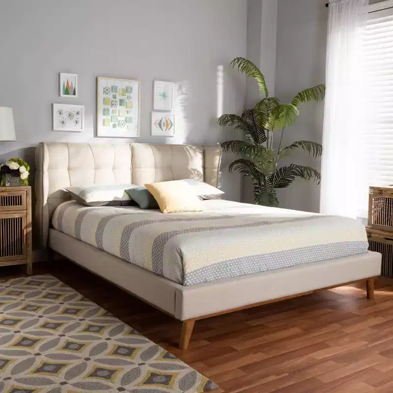 Fabric Upholstered Wood Platform Wingback Bed