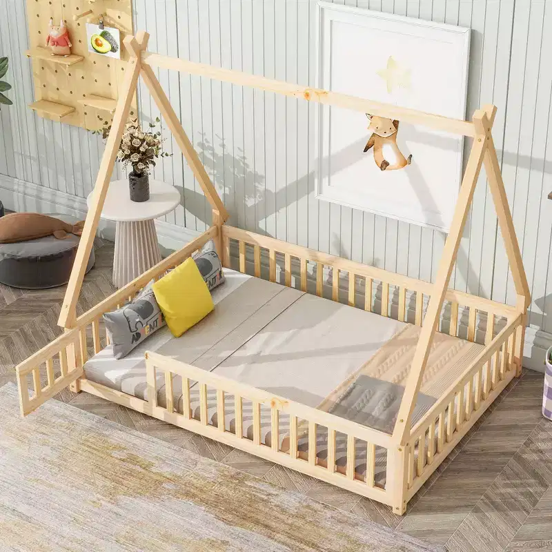MAYEERTY Full Tent-shaped Floor Bed with Guardials,Door, Beige