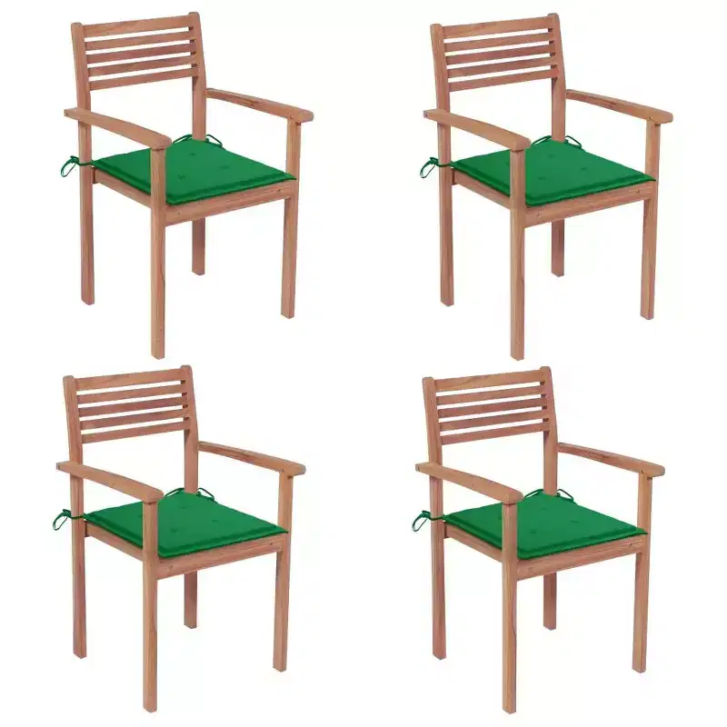 vidaXL Set of 4 Solid Teak Wood Patio Chairs with Green Cushions - Versatile Outdoor Furniture - Finely Sanded and Weather-Resistant