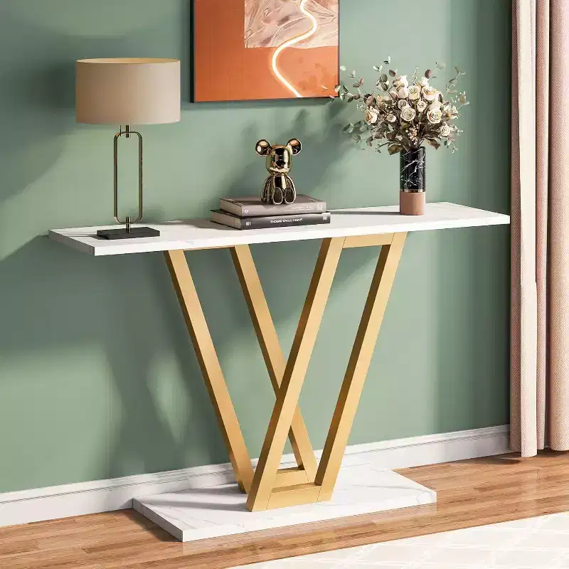 Lantine 43-Inch Gold Console Table, Modern Hallway Entryway and Sofa Table for Living Room, Faux Marble White, Easy Assembly