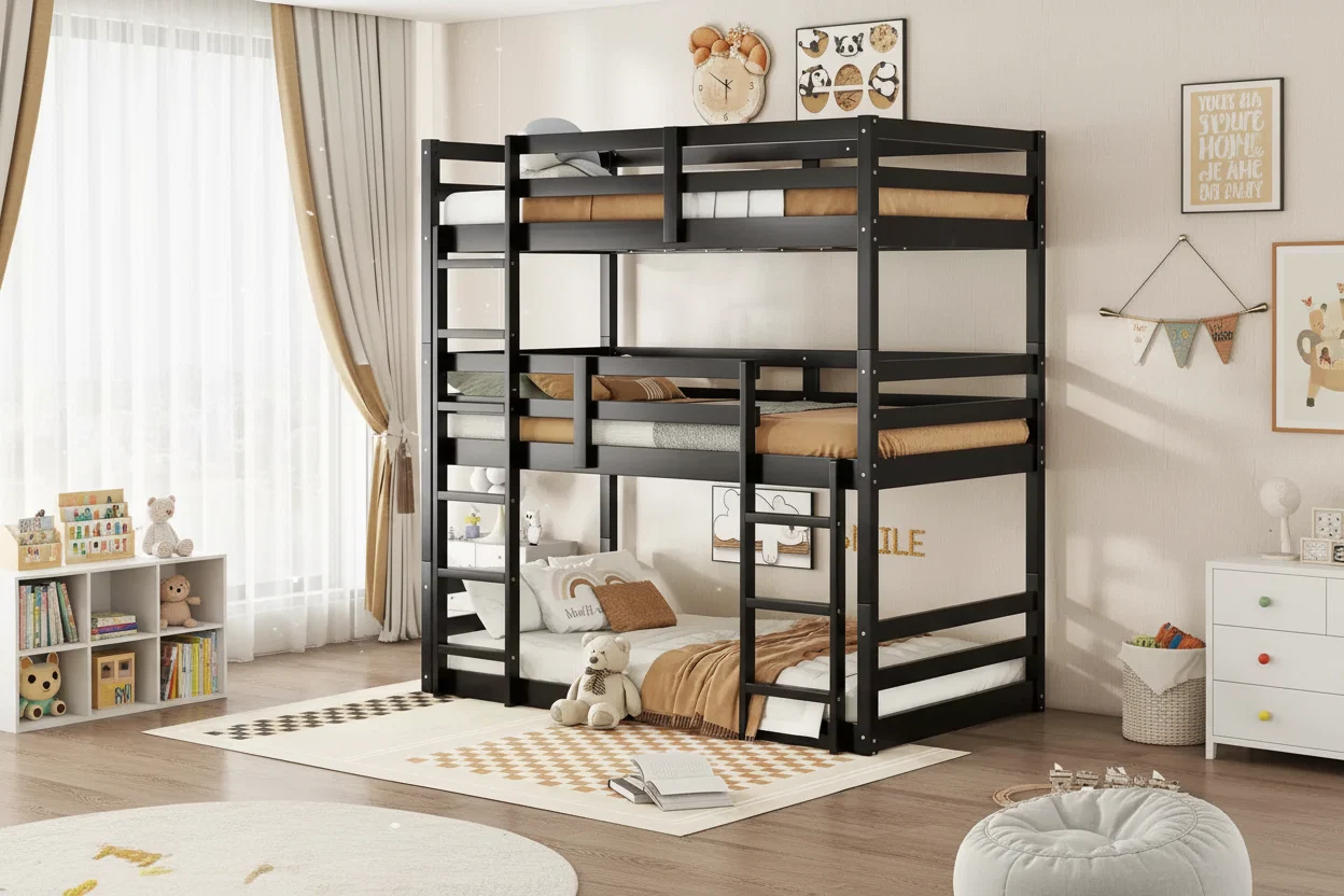 Rubberwood Detachable Triple Twin Bunk Bed with 2 Built-in Ladders and Guardrails